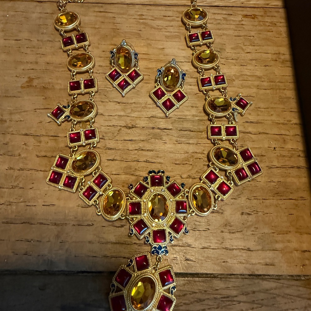 Gold-Tone Necklace & Earrings Set with Yellow and Red Gemstones